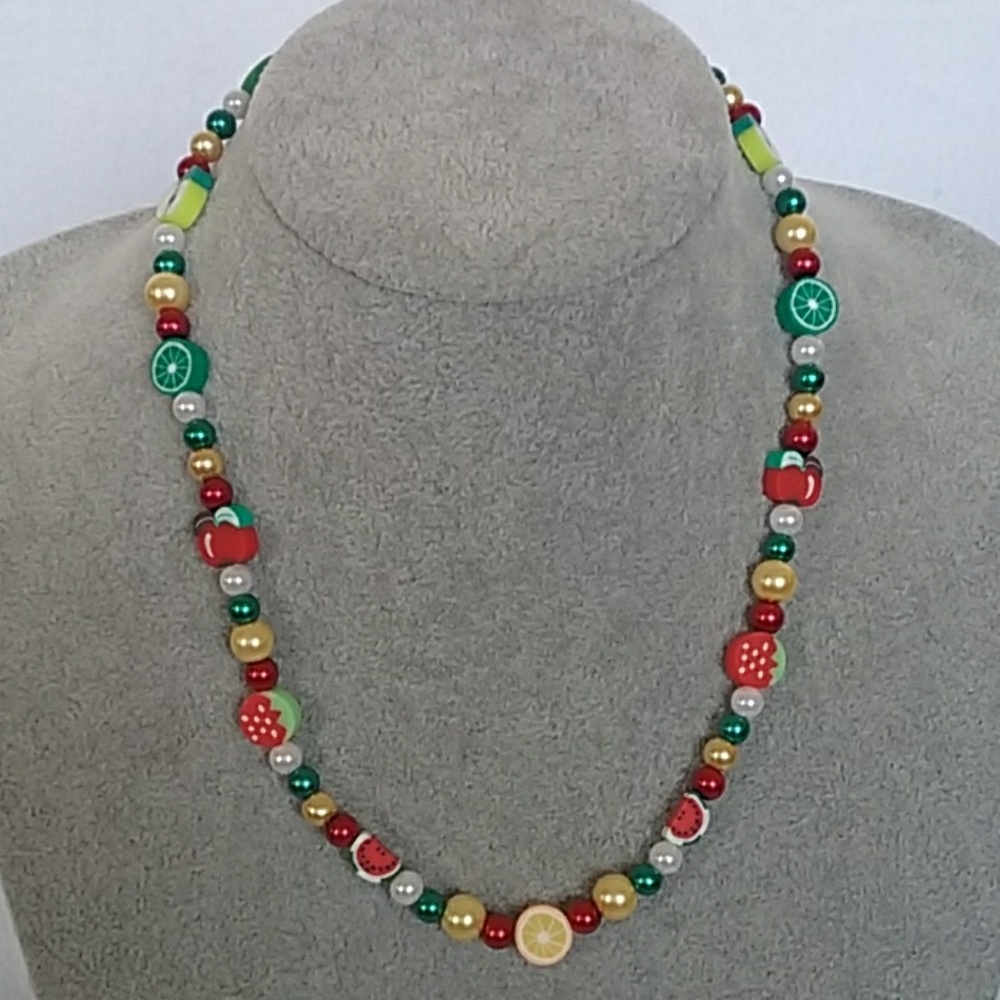 Red, yellow, green fruit beaded necklace